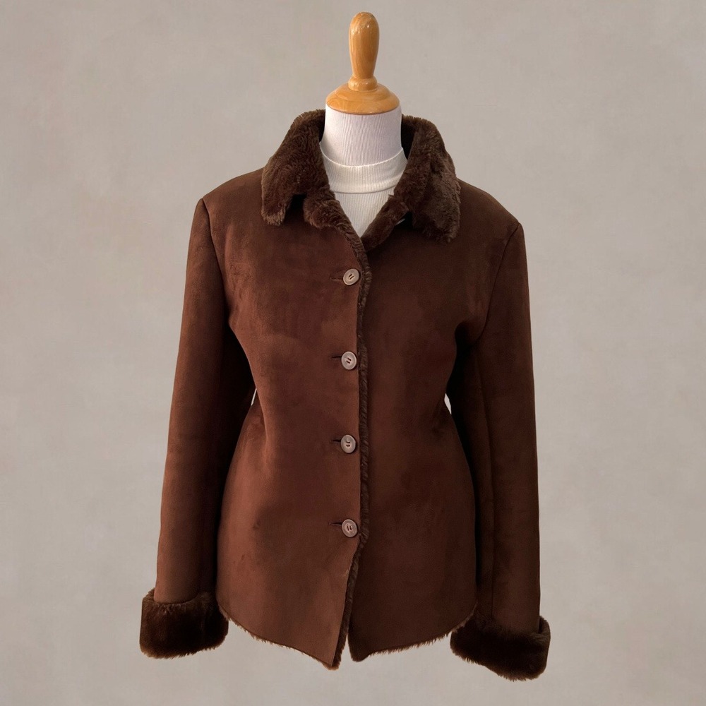 Coaco New York 90s Womens Faux Suede Shearling Jacket Brown Faux Fur Trim M